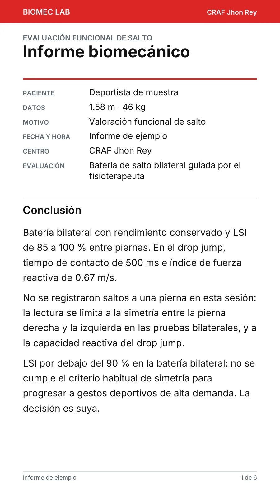 Primera página del informe de valoración biomecánica en un celular